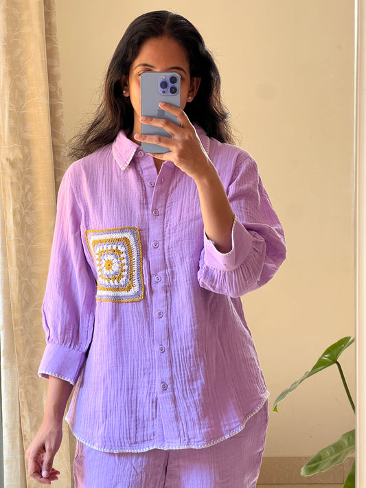A0315 lavender crushed cotton coord set with crochet lace patch work detailing