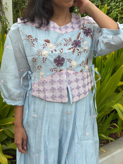 A0764 Mul Chanderi Powder blue 3pc set with khali top, pants and coat