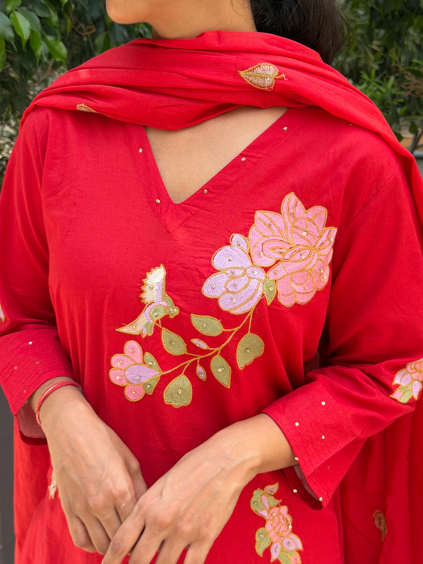 A0717 Pure cotton 3pc set with applique work and embroidery detailing