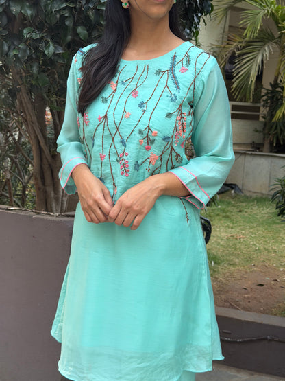 A0598 sea blue Mul chanderi coord set with hand embroidery detailing all over the neck & bottoms