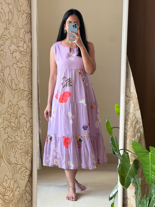 A0569 lavender cotton floral printed one piece dress comes with cotton lining inside