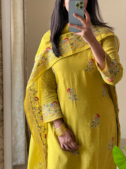 A0558 yellow mul chanderi 3 piece dress with Kantha work detailing all over the dress & duppatta