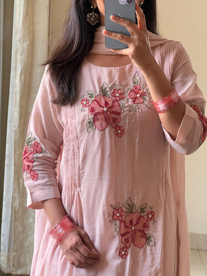 A0581 nude pink mul chanderi 3 piece dress with thread work embroidery all over the dress & pleats on both sides of the dress