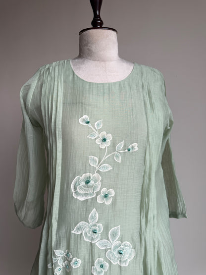 A0851 pista green mul chanderi hand painted one piece dress