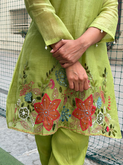 A0636 Beautiful pista green cooed set with hand embroidery detailing in Mul Chanderi fabric