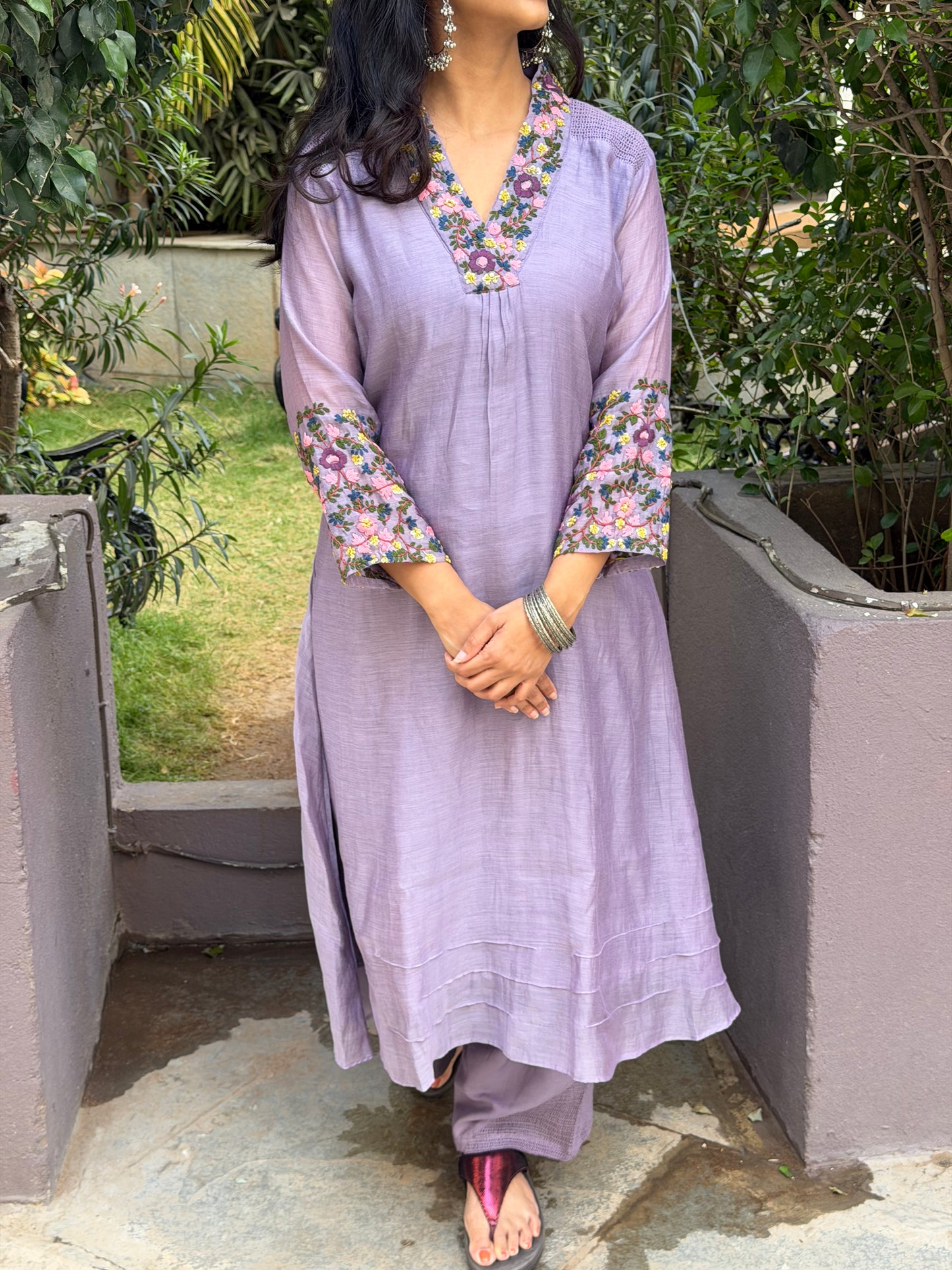 A0594 lavender mul chanderi coord set with lace & hand embroidery detailing