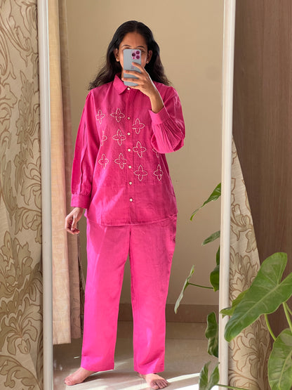 A0310 pink cotton coord set with machine and hand embroidery detailing