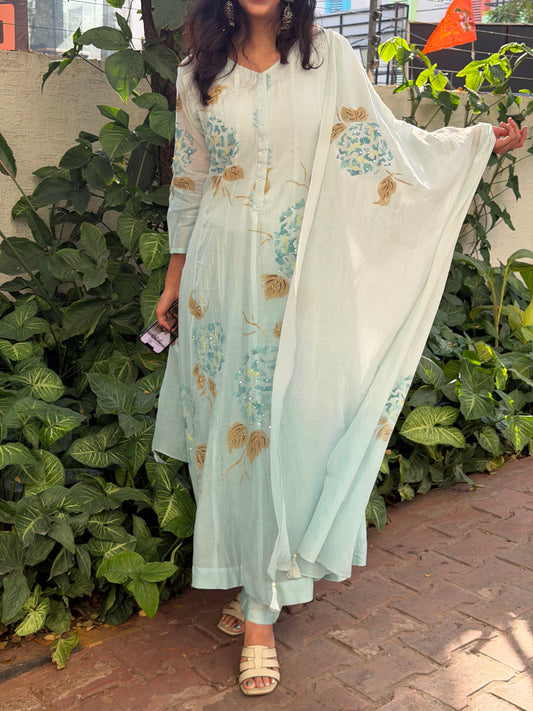 A0610 sea blue mul chanderi shaded 3 piece dress with hand painted & hand embroidery detailing