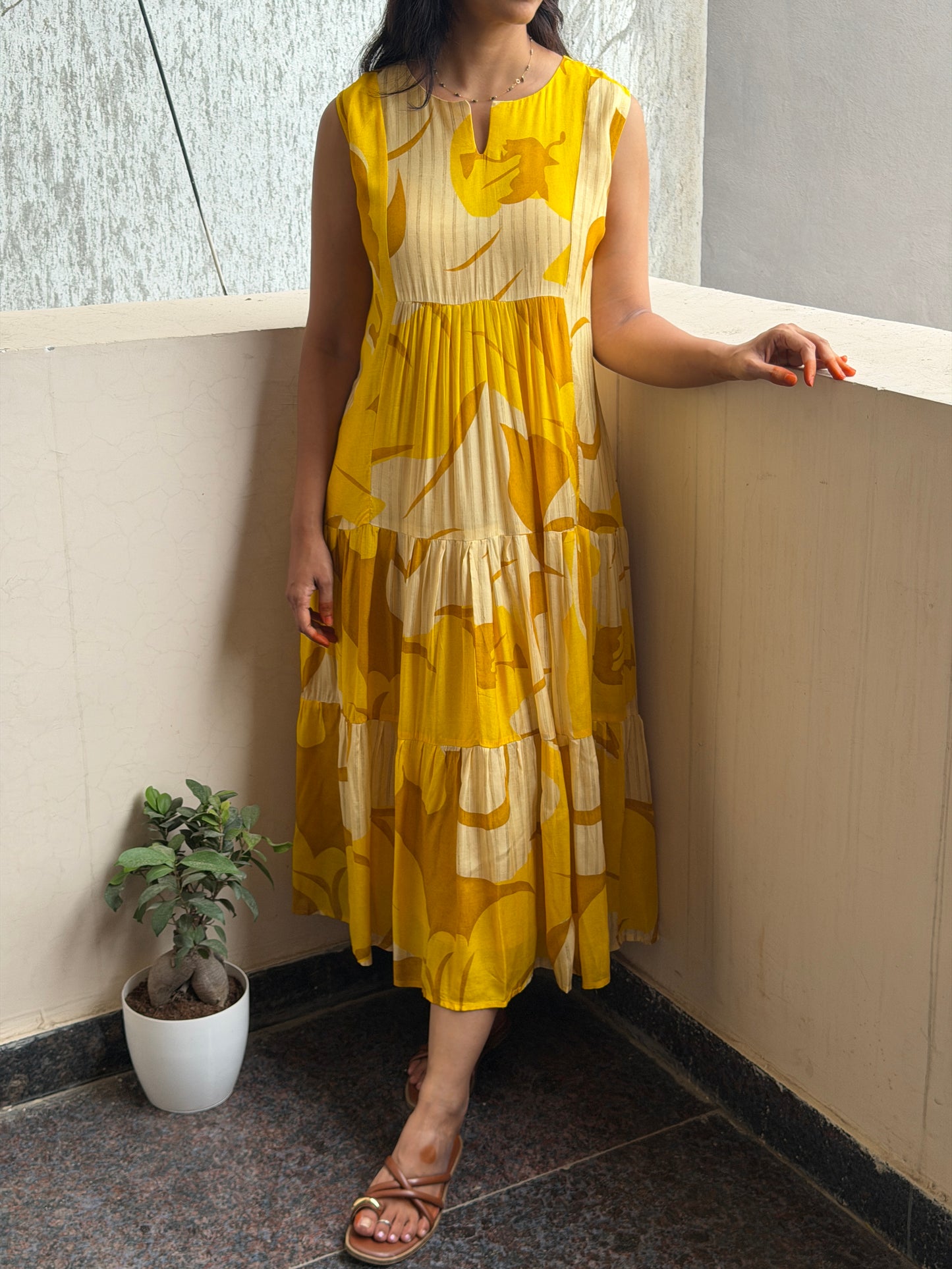 A0809 Yellow multi toned Cotton silk dress