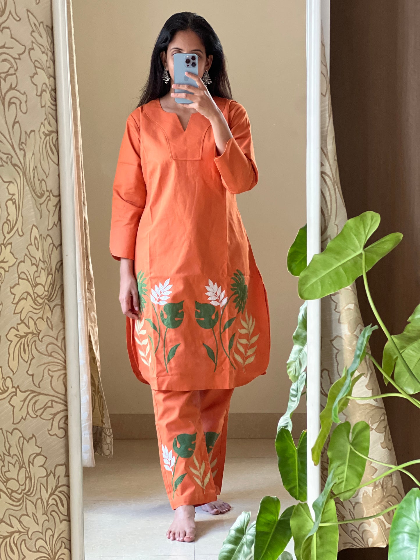 A0300 orange handloom cotton leaf applique work co ord set