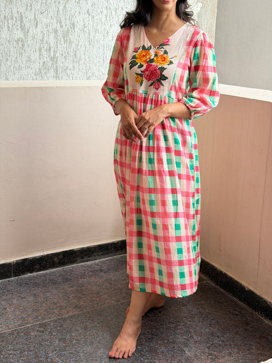 A0747 pink checks slub cotton one piece dress with floral digital print on yoke part