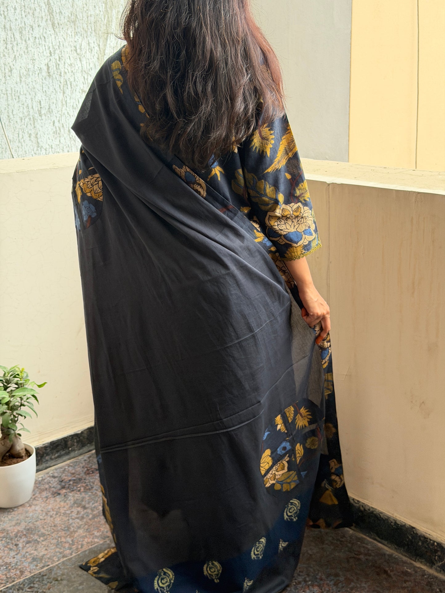 A0818 navy blue pure cotton kalamkari 3 piece suit