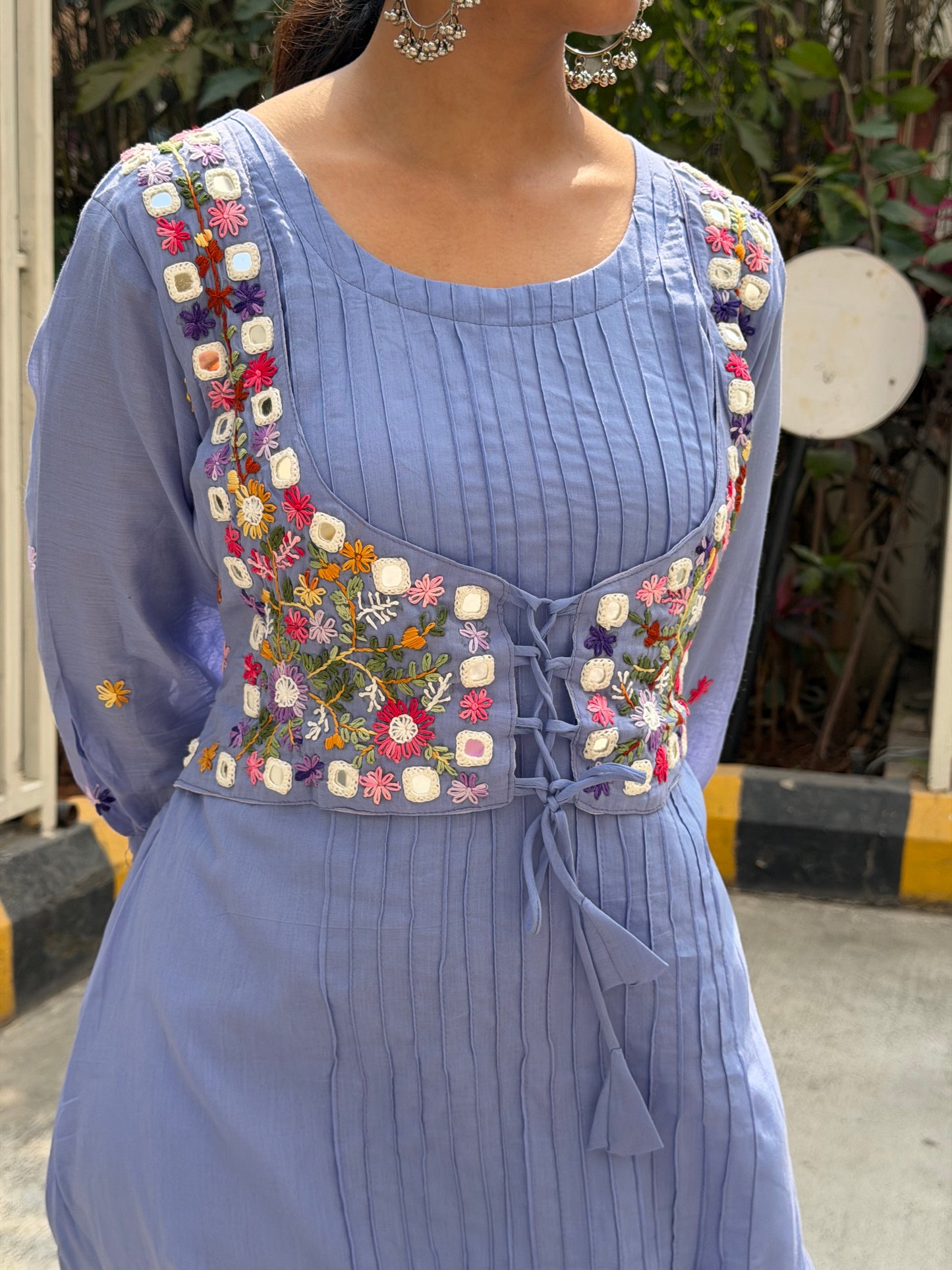 A0586 Lavender dress with mirror and hand emb detailing, comes with cotton lining