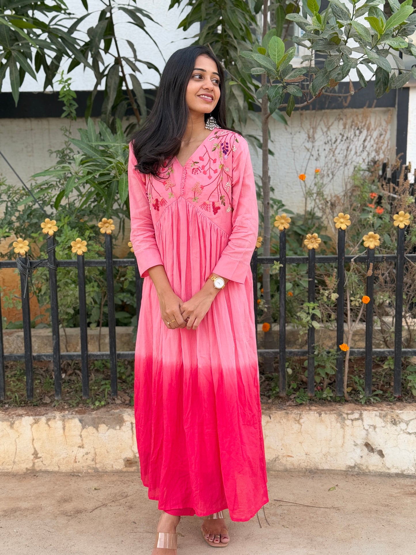 A0226 pink Mulmul shaded two piece set with hand embroidery detailing
