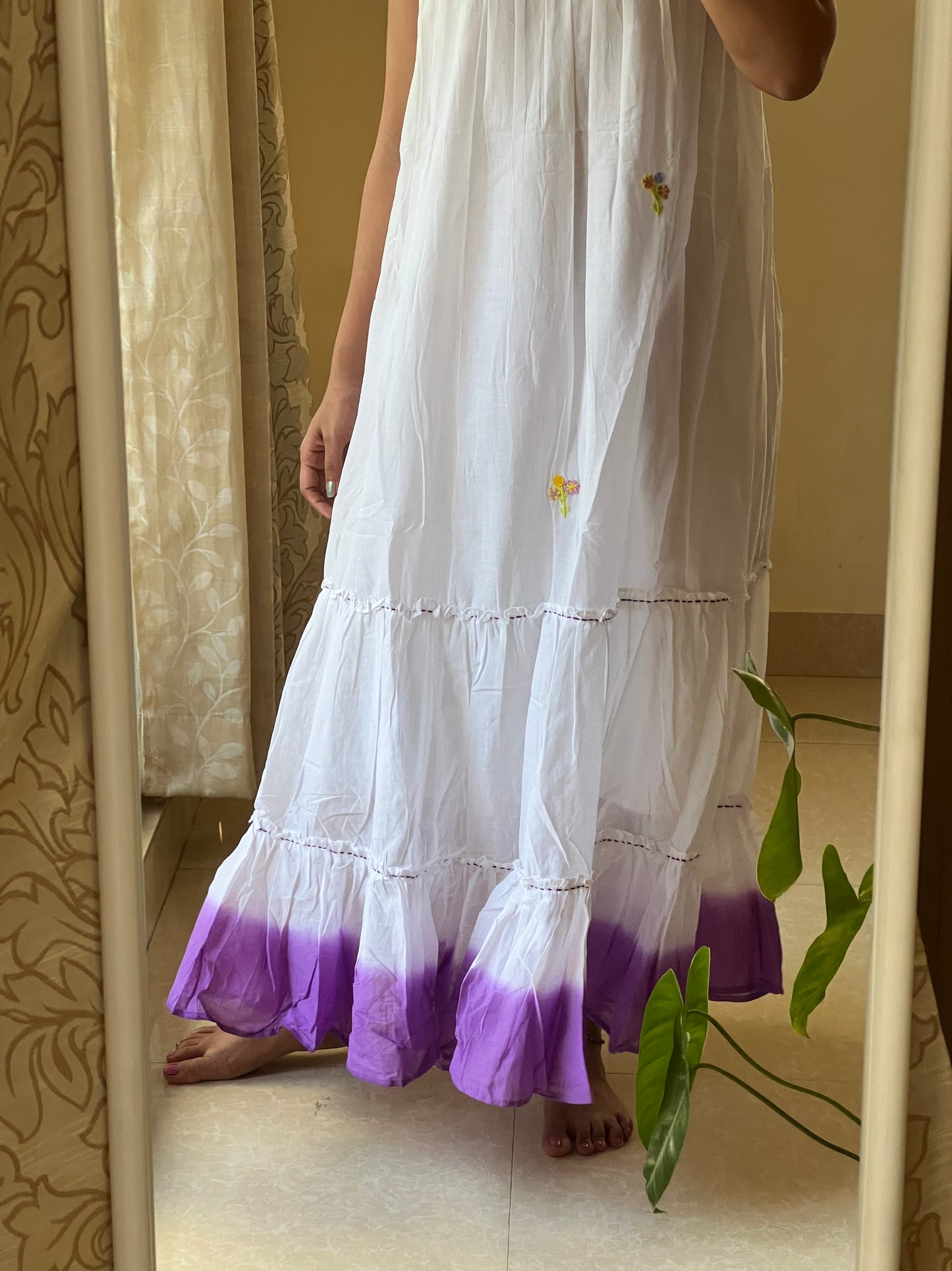 1123 shaded cotton one piece dress with hand embroidery detailing