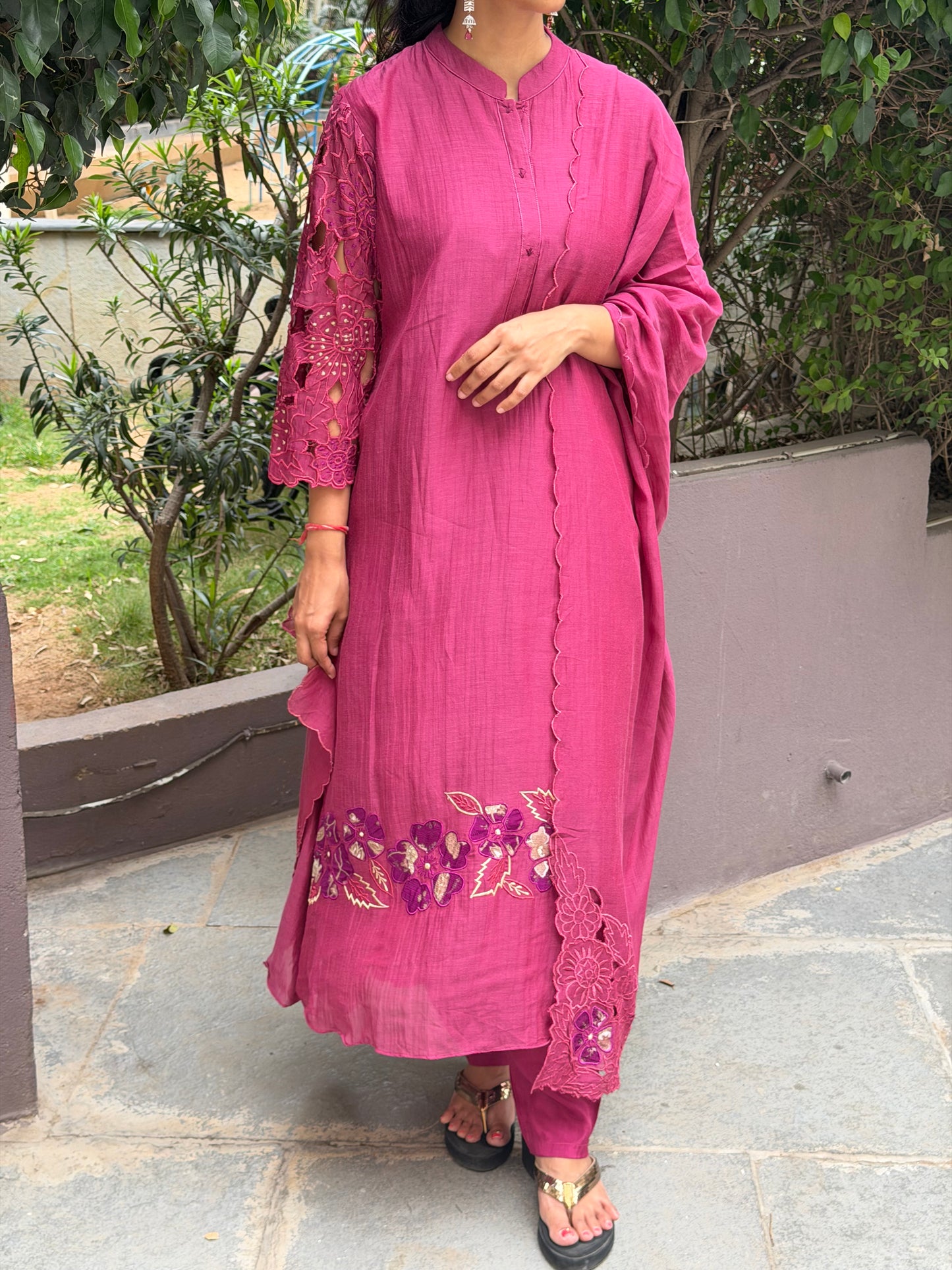 A0685 Must have wine shade Premium Chanderi 3pc set with applique and cut work details