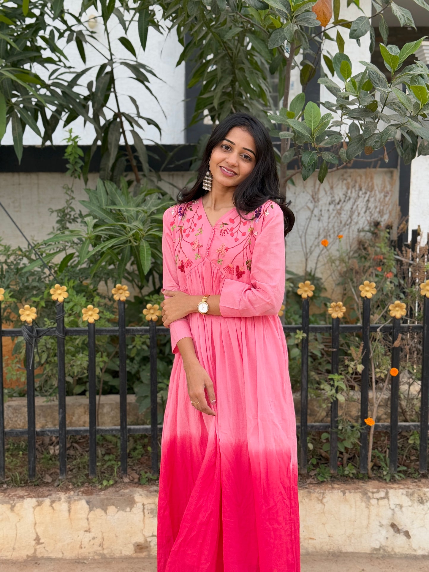 A0226 pink Mulmul shaded two piece set with hand embroidery detailing