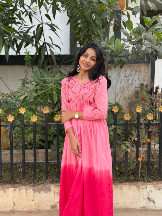 A0226 pink Mulmul shaded two piece set with hand embroidery detailing