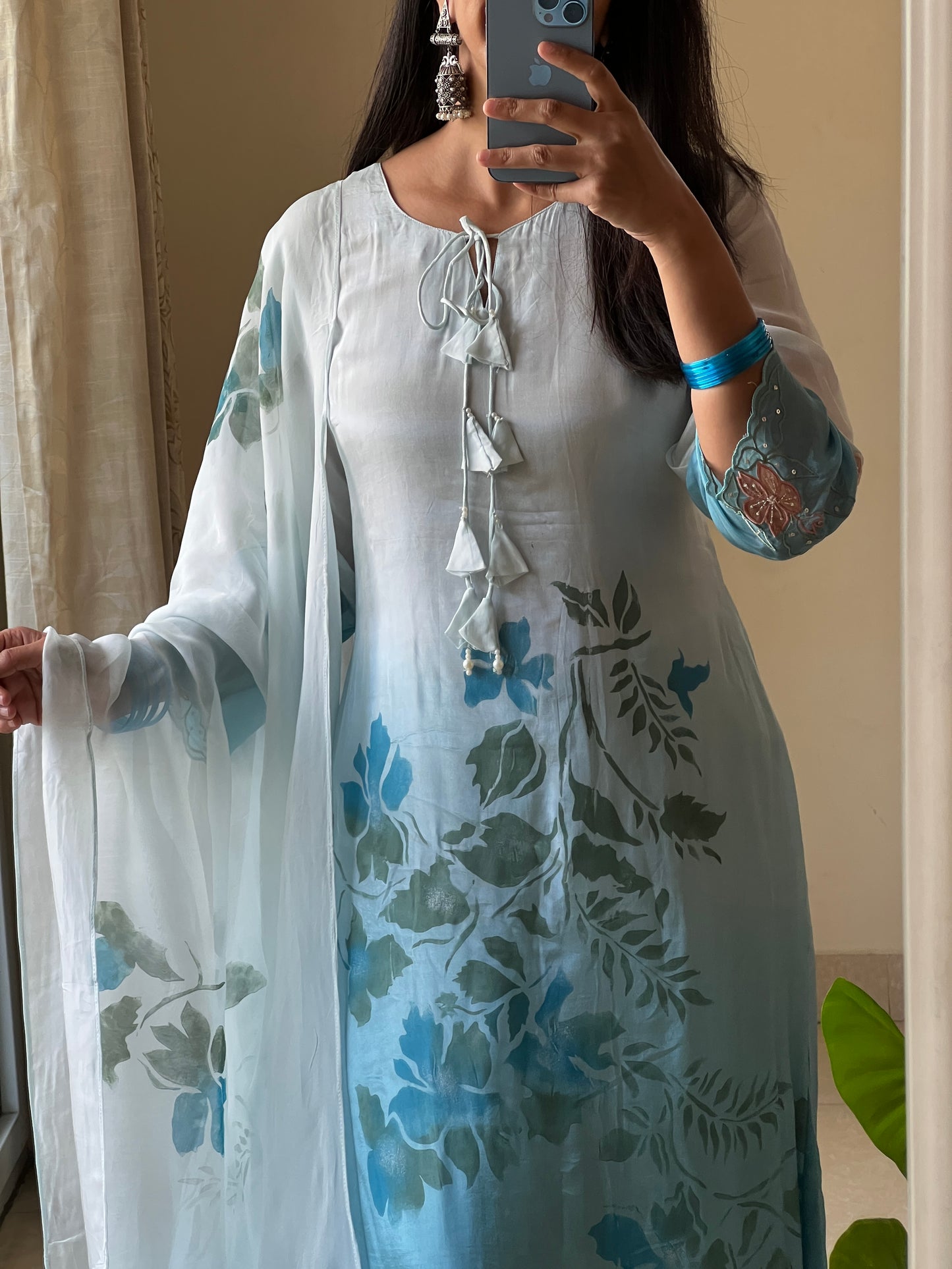 A0562 blue shaded silk 3 piece dress with applique work, hand painted & hand embroidery