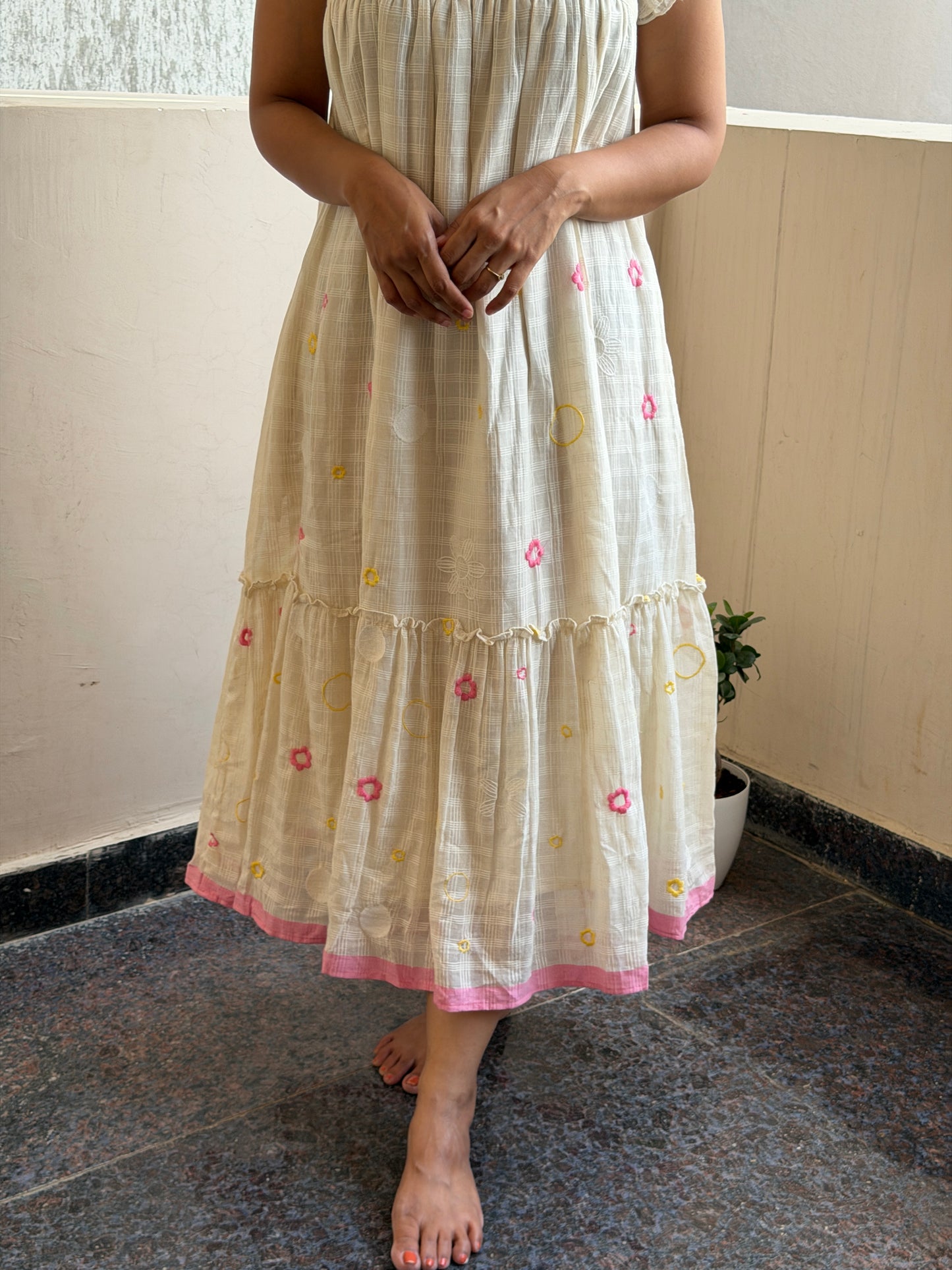 A0757 Cream Pure cotton dress with floral embroidery and 3D embroidery detailing