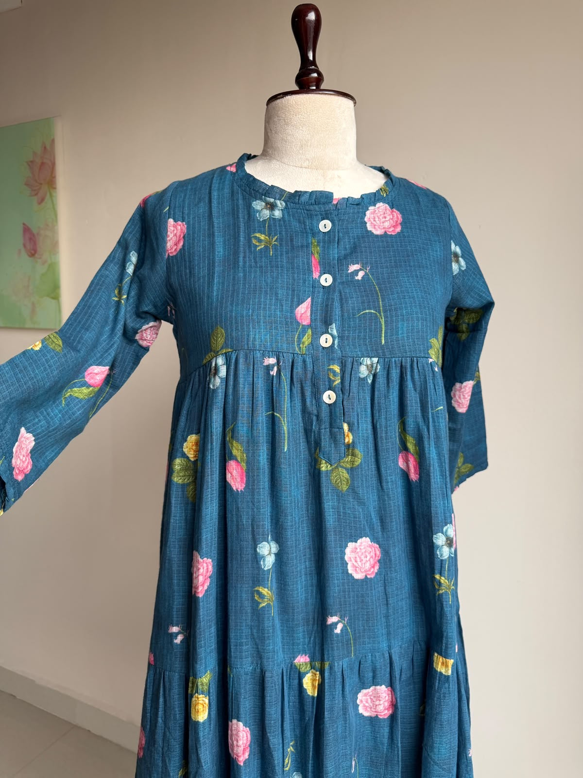 A0854 blue Kota floral printed one piece dress
