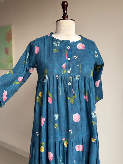 A0854 blue Kota floral printed one piece dress