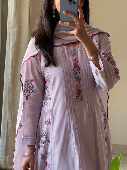 A0578 lavender mul chanderi 3 piece dress rose embroidery all over the dress with cut work duppatta