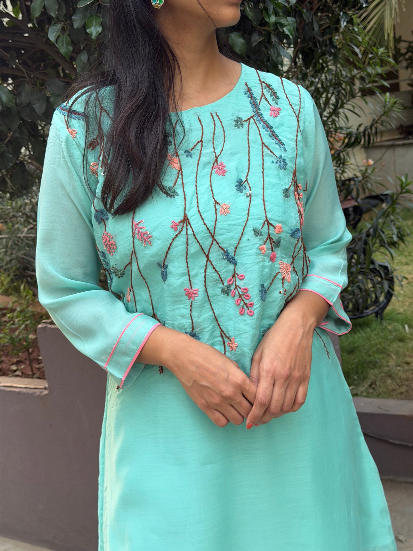 A0598 sea blue Mul chanderi coord set with hand embroidery detailing all over the neck & bottoms