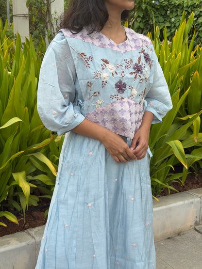 A0764 Mul Chanderi Powder blue 3pc set with khali top, pants and coat