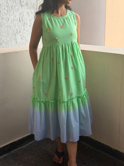 A0761 sea green & blue Mul cotton shaded one piece dress with hand embroidery detailing all over the dress