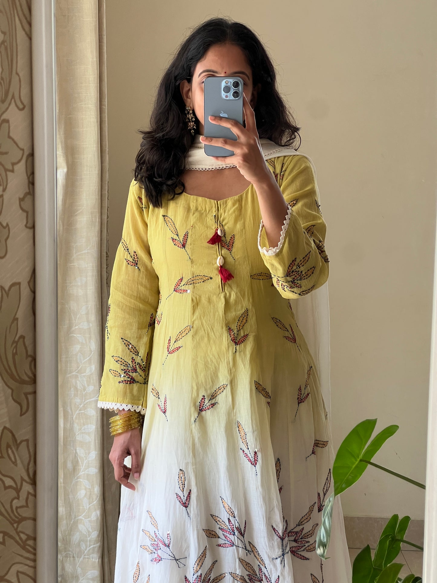 A0504 yellow & white shaded mul chanderi 3 piece dress with Kantha work detailing all over the dress