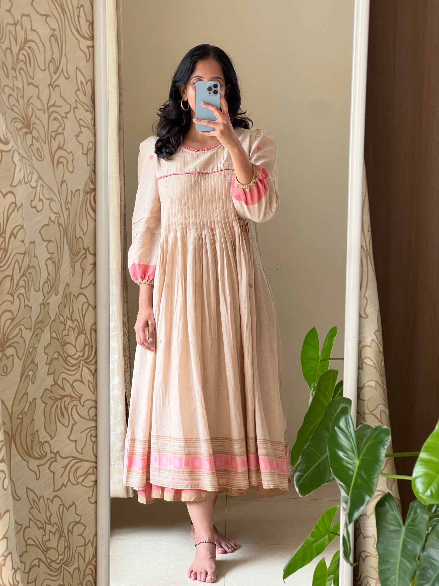 A0507 cream Bengal cotton jamdani one piece layered dress