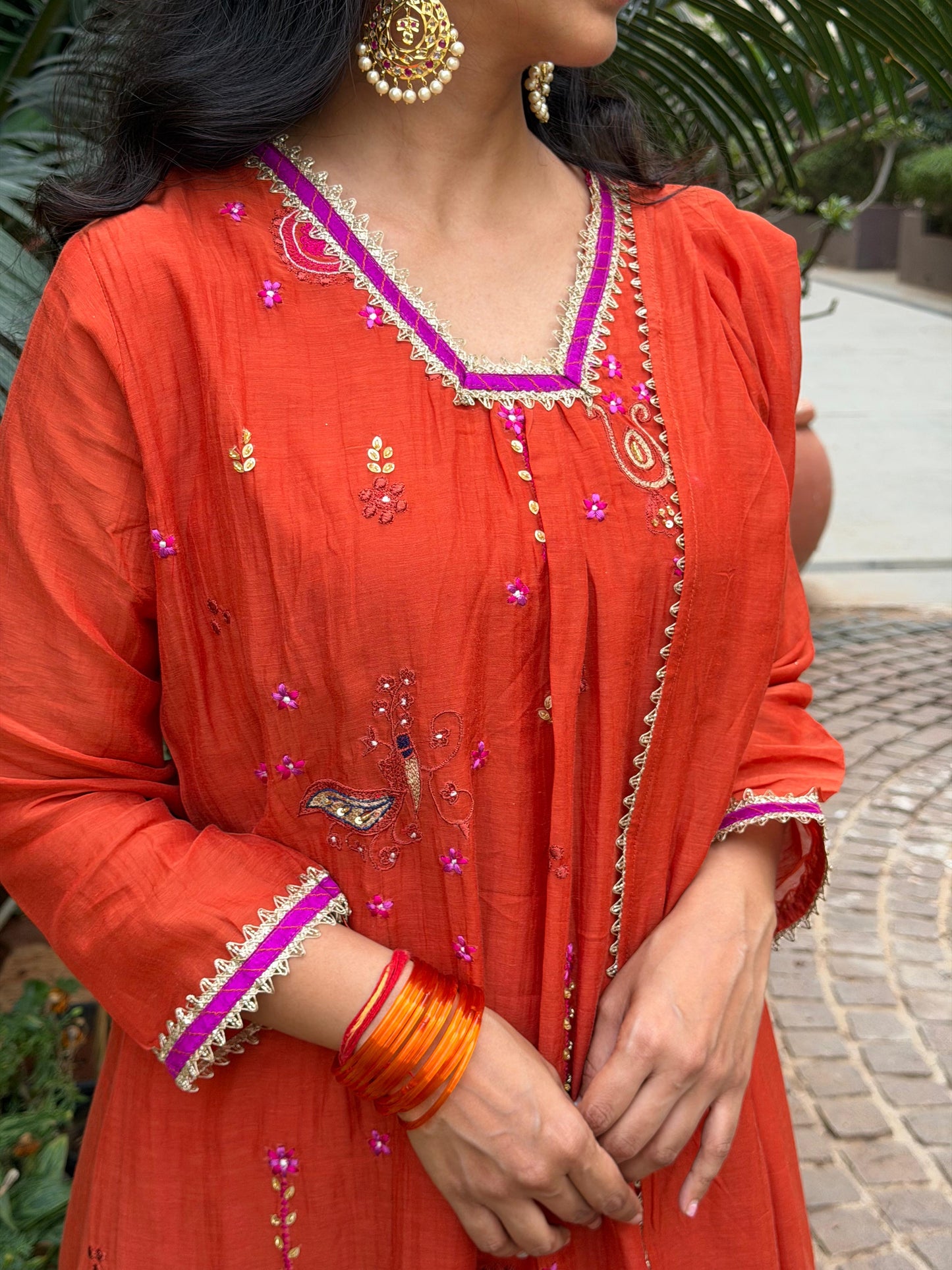 A0657 rust orange Mul chanderi 3 piece dress with embroidery detailing butties all over the dress