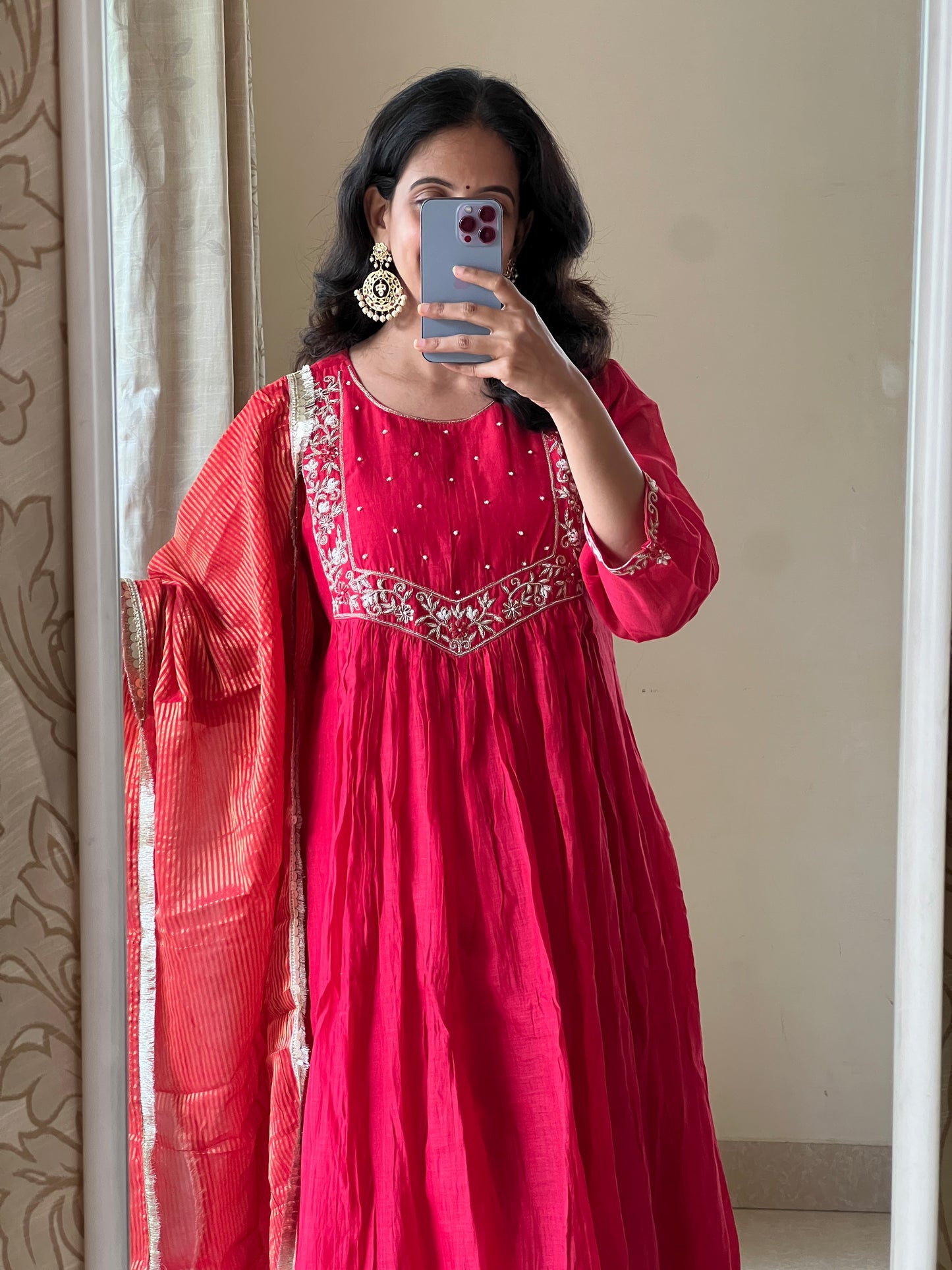 A0471 red mul chanderi 3 piece set with zardosi hand embroidery detailing on yoke part