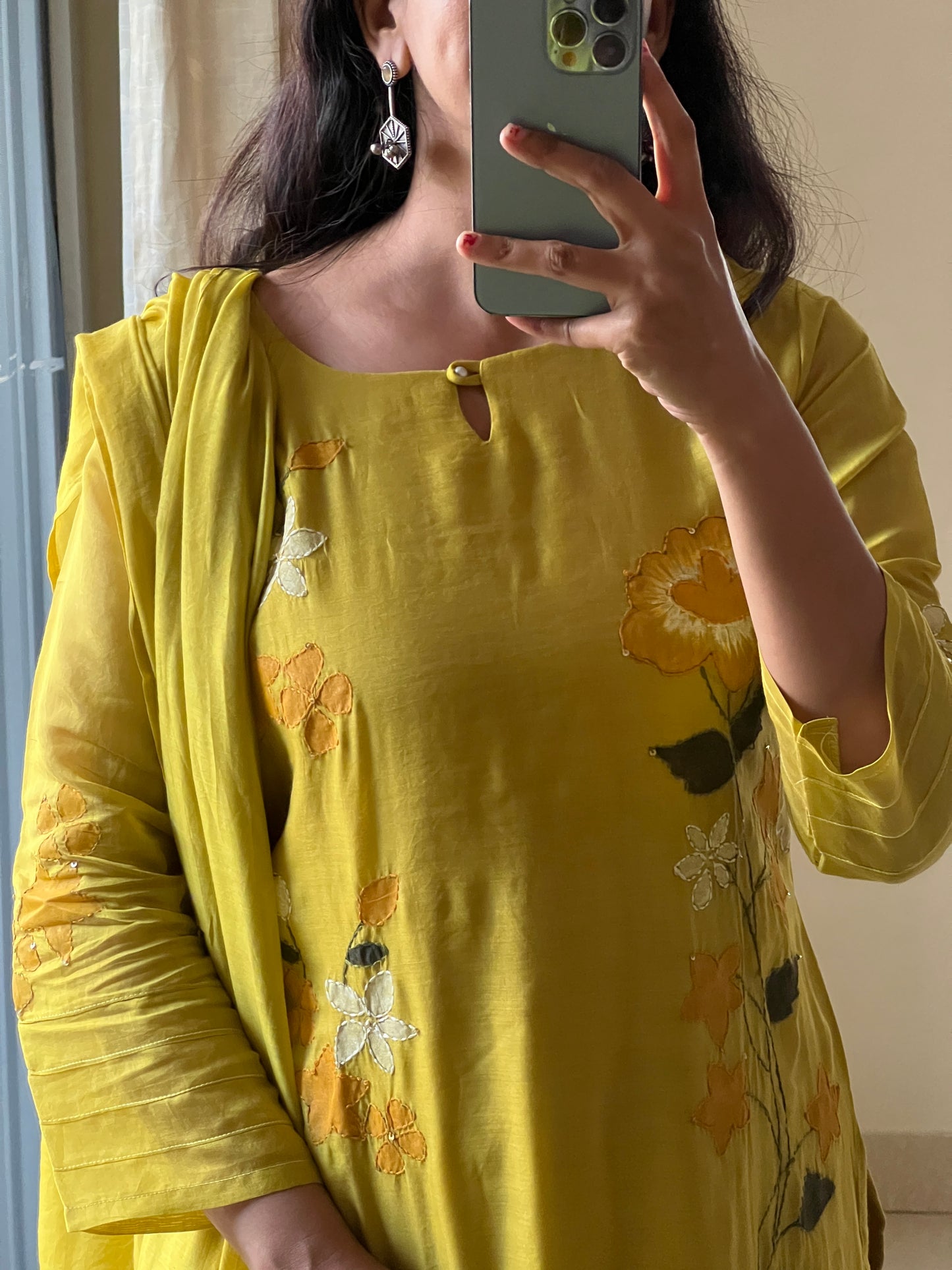 A0627 yellow mul chanderi 3 piece straight cut suit with hand painted & hand embroidery detailing