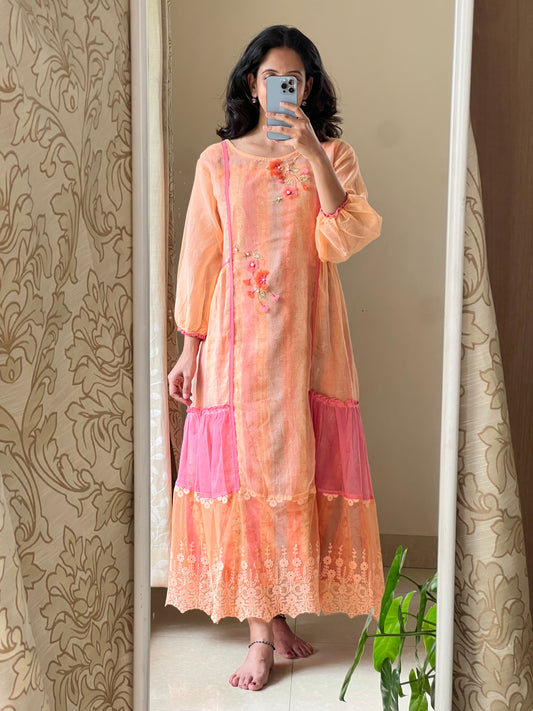 Orange Pure Kota cotton dress comes with printed cotton lining