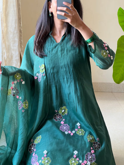 A0560 green Mul chanderi 3 piece dress with hand embroidery & hand paint detailing