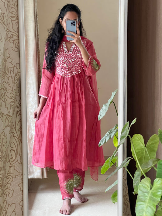 A0387 pink mul chanderi 3 piece dress with mirror work embroidery detailing