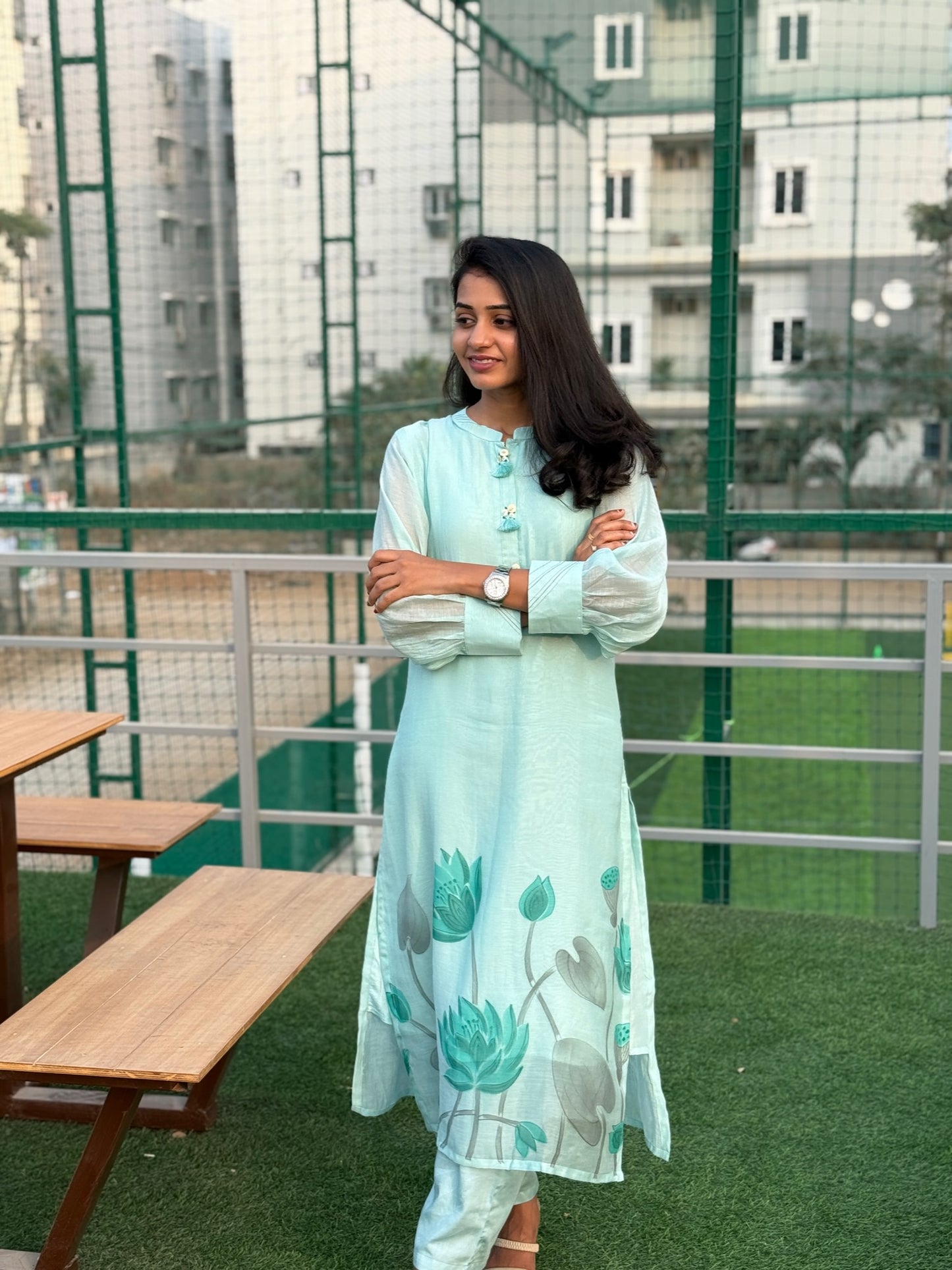 P012 blue Premium Mul chanderi 2 piece dress with lotus hand paint detailing
