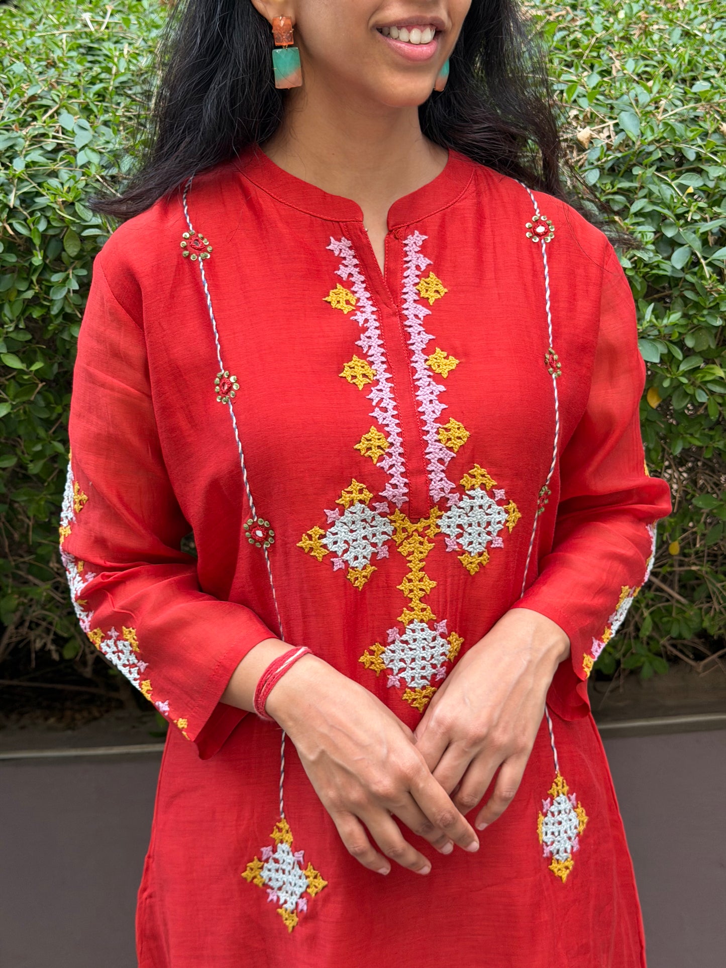 A0673 rust mul Chanderi 2 piece set with Kutch work hand embroidery detailing all over the top