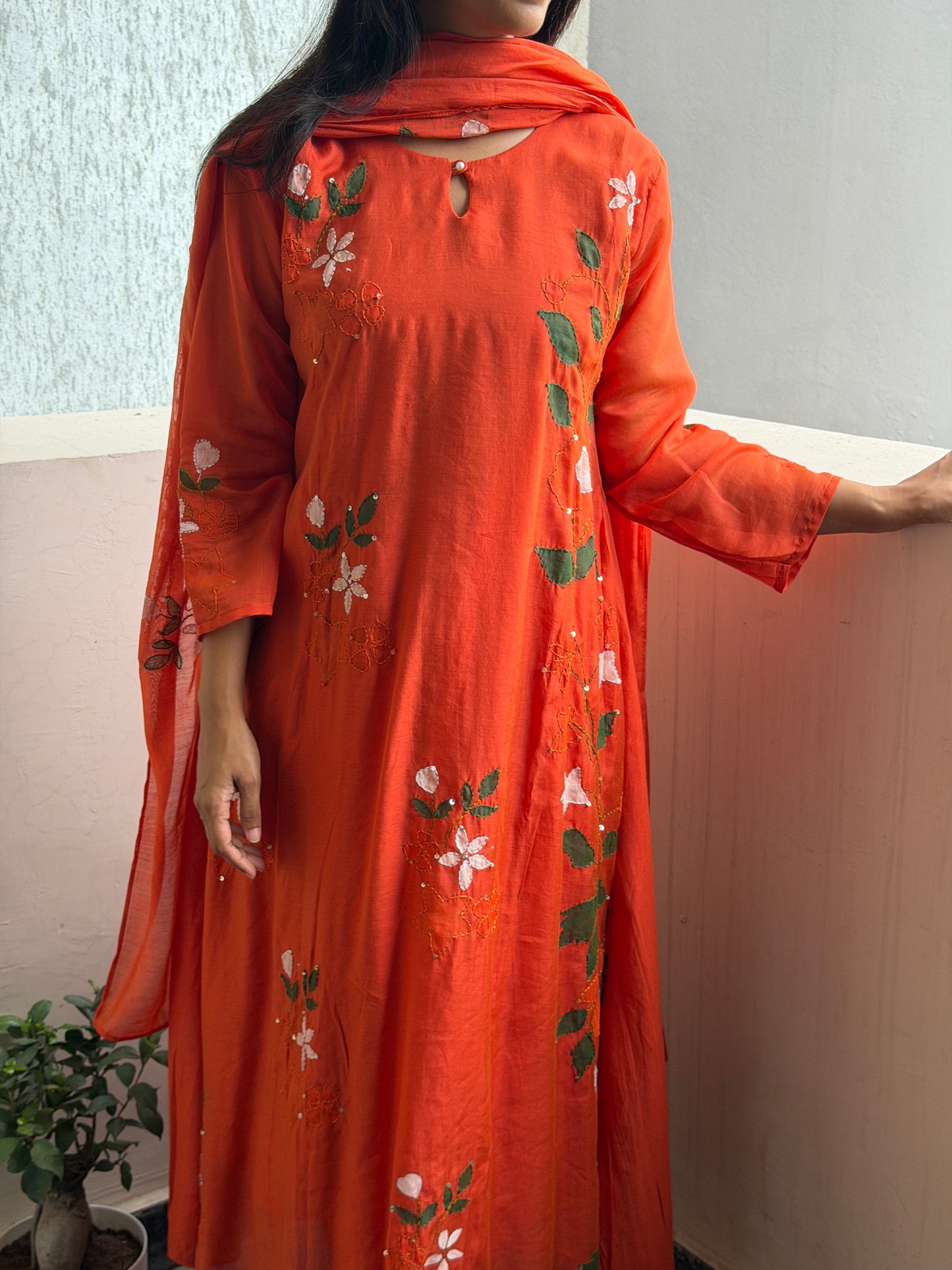 A0794 Orange Mul Chanderi 3pc set with hand painted and kanta detailing