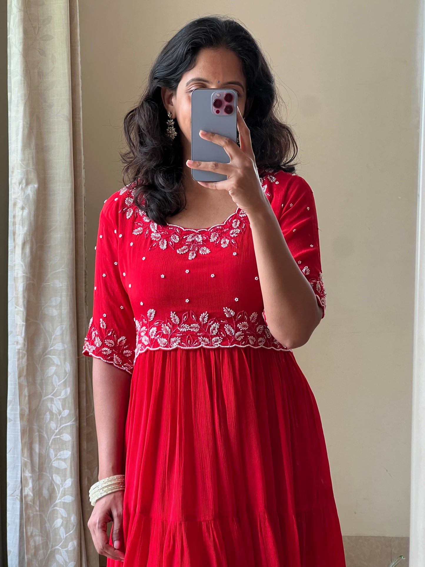 A0495 red chinnon one piece dress with moti & beads work