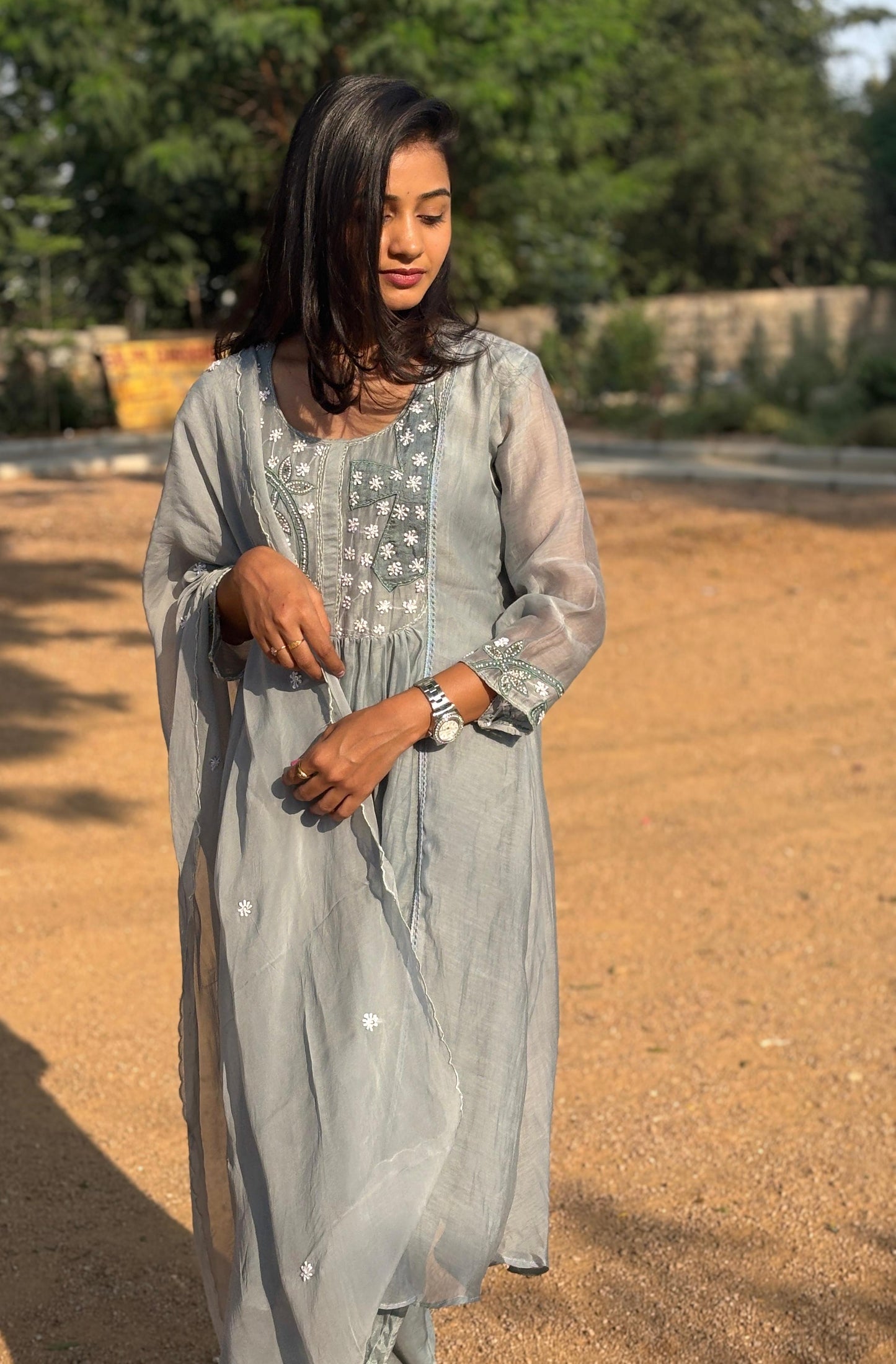 A0190 Mul chanderi 3 piece set with hand embroidery and beads detailing