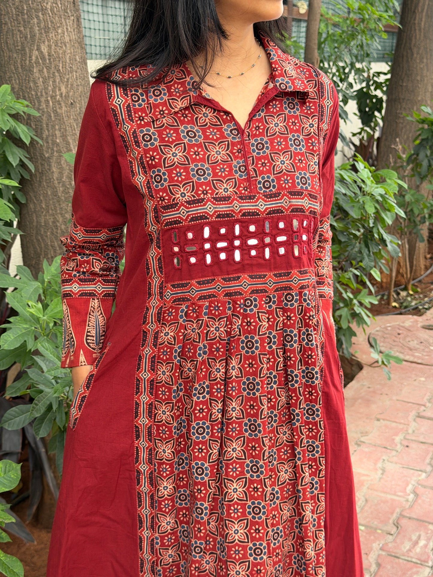 A0801 Red Ajrak pure cotton A-line dress