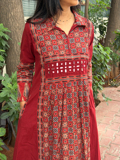 A0801 Red Ajrak pure cotton A-line dress