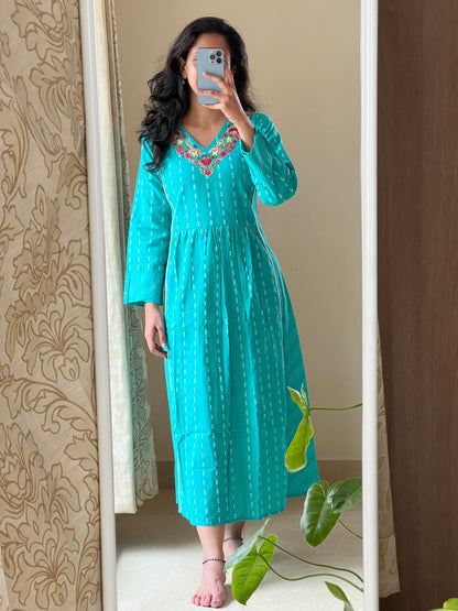 1107 green Handloom cotton weave one piece dress with hand embroidery