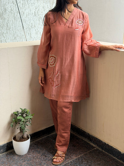 A0802 Mocha musse Premium Mul Chanderi 2pc set with embroidery detailing