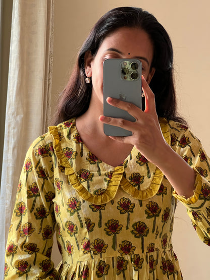 A0375 yellow pure cotton Hand block print frock with Peter collar neck and back tie up