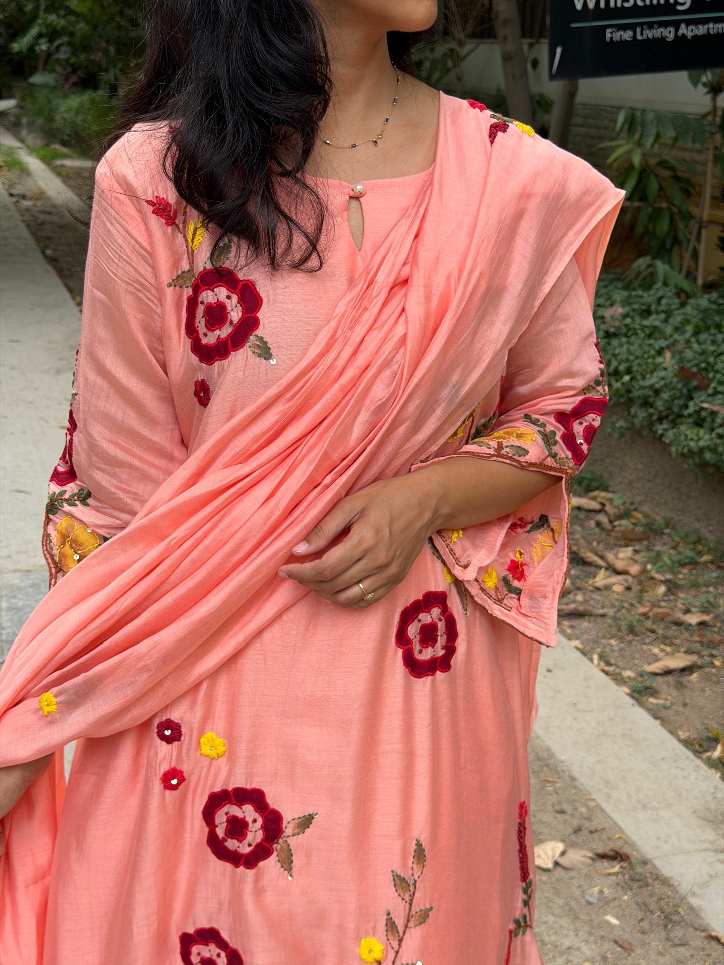 A0766 peach Mul chanderi 3 piece dress with hand paint , applique work & hand embroidery detailing all over the dress