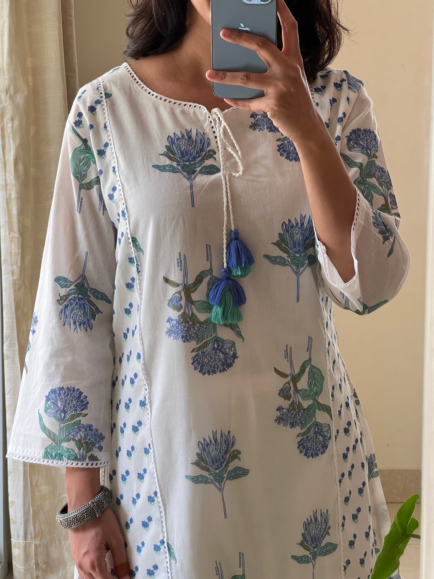 A0447 white & blue mul cotton digital floral printed 2 piece dress comes with complete attached lining